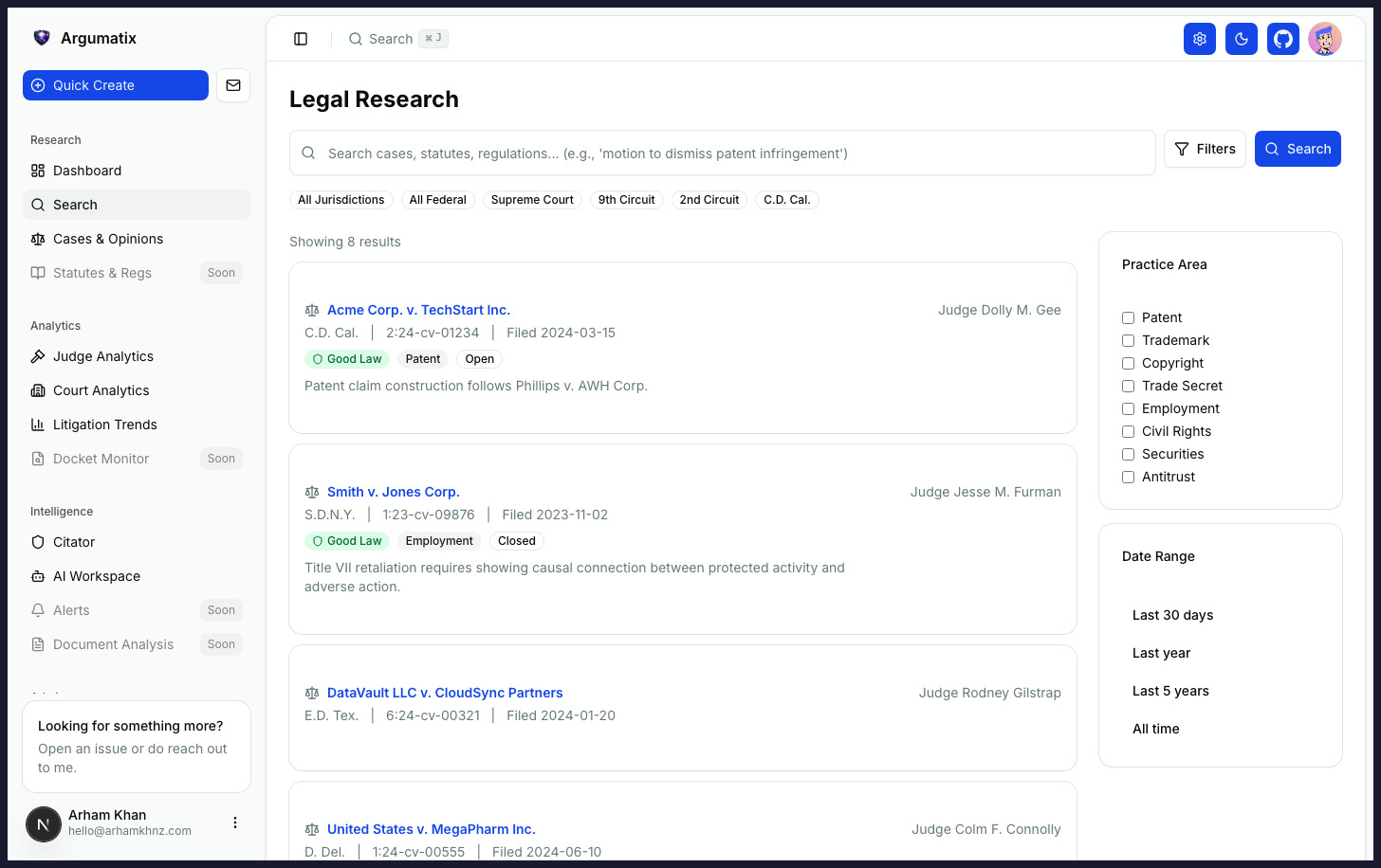 Argumatix Legal Research Interface